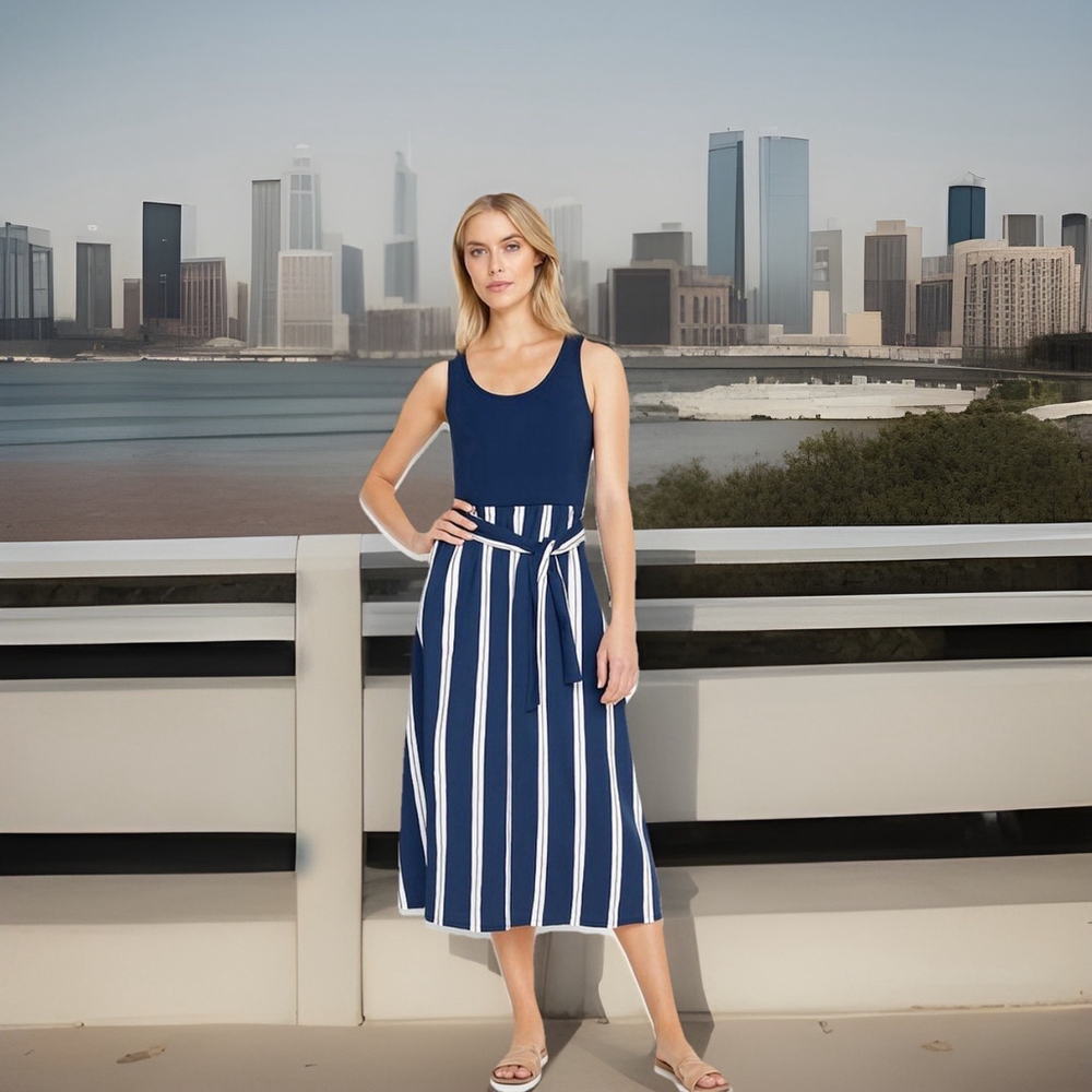 White House Black Market SL Mixed Media Midi Dress•Libby Navy/White Strip•NWT